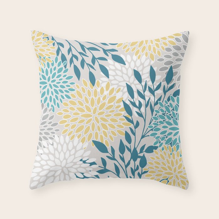 Garden Florals, Yellow, Teal, Gray Throw Pillow Gallery Image 6