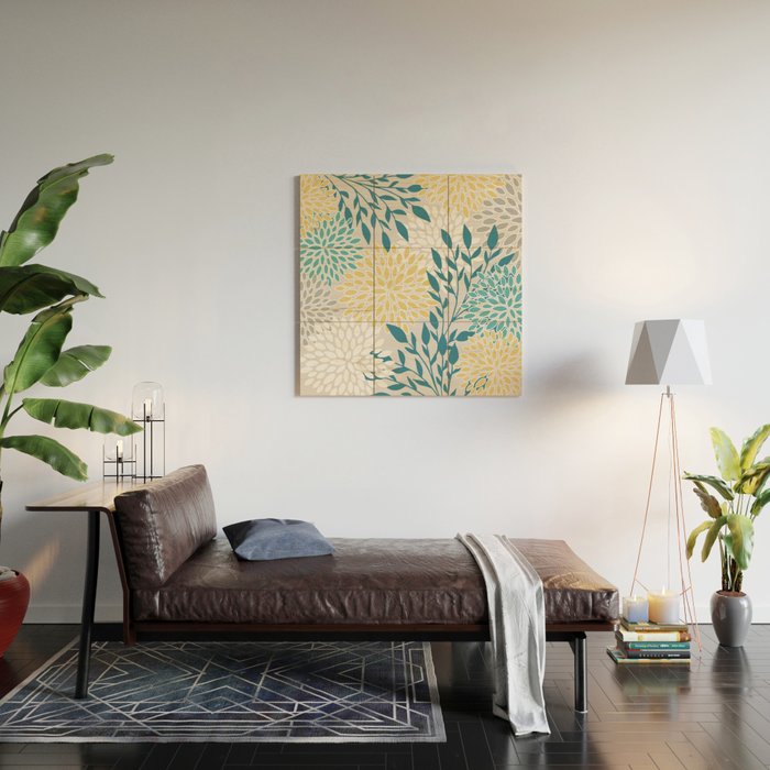 Garden Florals, Yellow, Teal, Gray Wood Wall Art Gallery Image 2