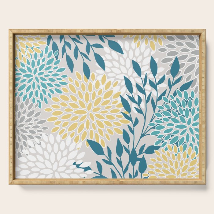 Garden Florals, Yellow, Teal, Gray Serving Tray Gallery Image 1