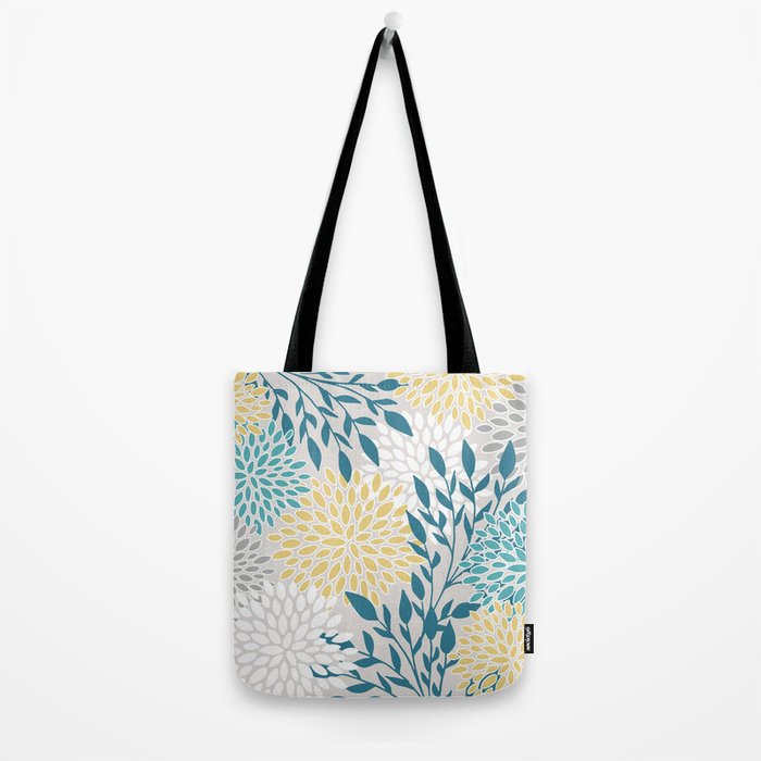 Garden Florals, Yellow, Teal, Gray Tote Bag Gallery Image 2