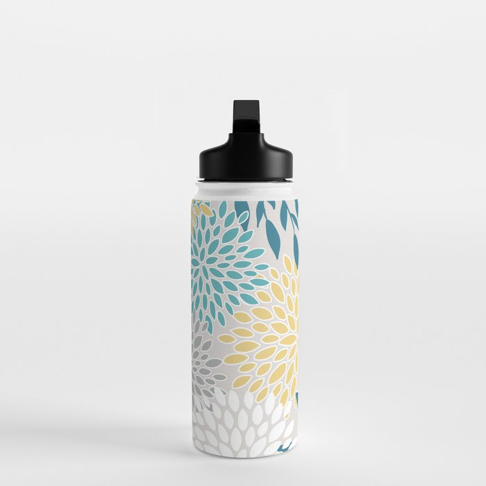 Garden Florals, Yellow, Teal, Gray Water Bottle Gallery Image 3