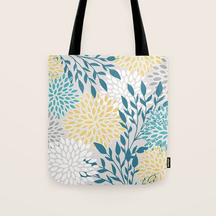 Garden Florals, Yellow, Teal, Gray Tote Bag Gallery Image 1