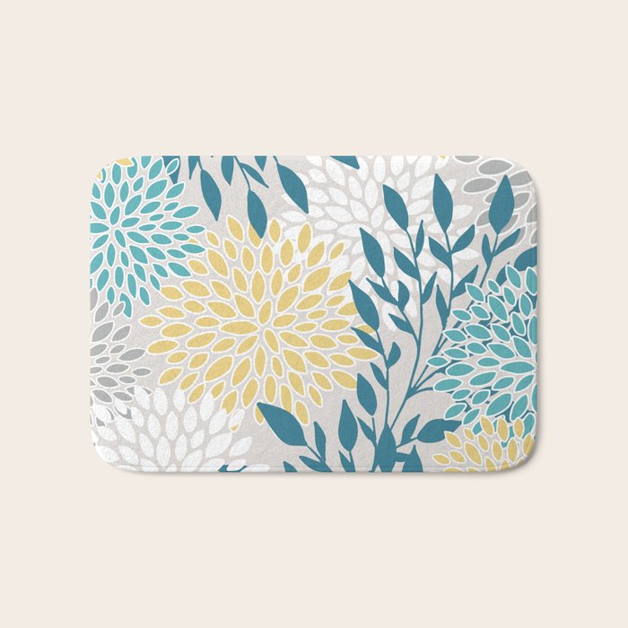 Garden Florals, Yellow, Teal, Gray Bath Mat Gallery Image 1
