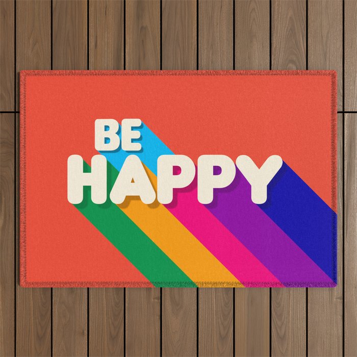 BE HAPPY - rainbow retro typography Outdoor Rug Gallery Image 1