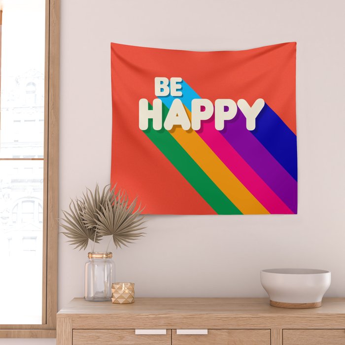 BE HAPPY - rainbow retro typography Wall Tapestry Gallery Image 2