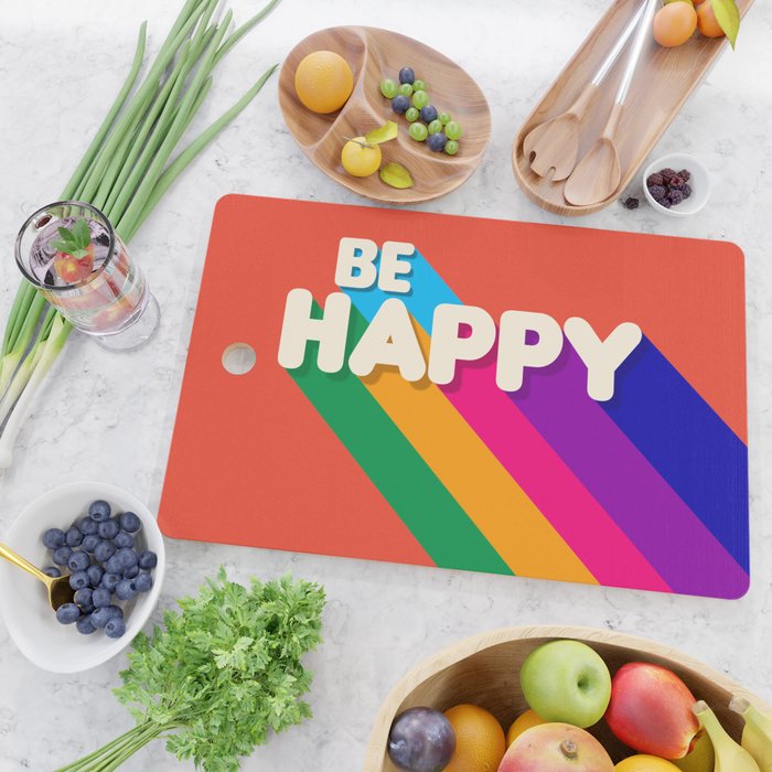 BE HAPPY - rainbow retro typography Cutting Board Gallery Image 2