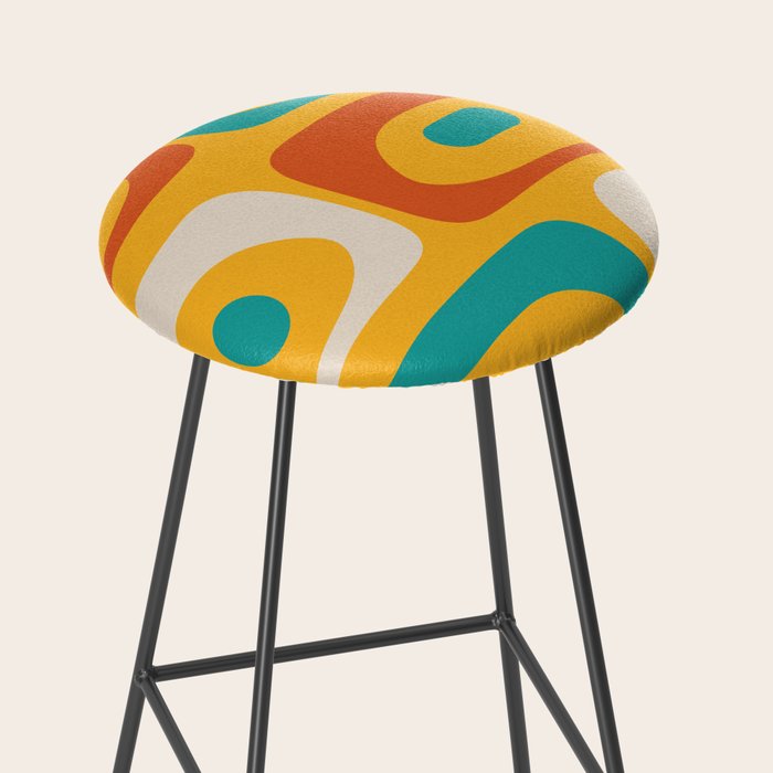 Mid Century Modern Piquet Abstract Minimalist Pattern Orange Yellow Teal Stool Gallery Image 2