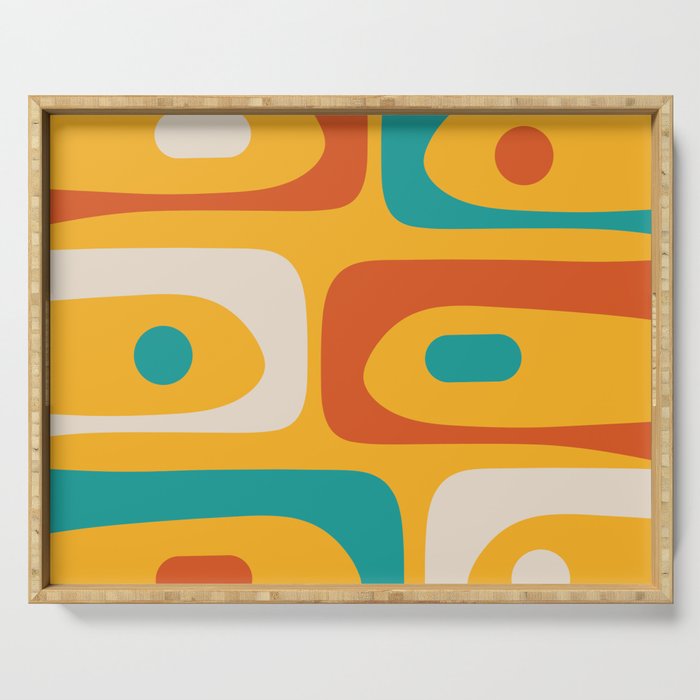 Mid Century Modern Piquet Abstract Minimalist Pattern Orange Yellow Teal Serving Tray Gallery Image 1
