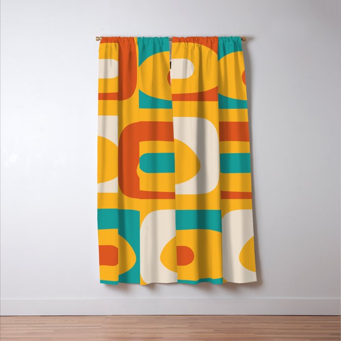 Mid Century Modern Piquet Abstract Minimalist Pattern Orange Yellow Teal Window Curtain Gallery Image 3