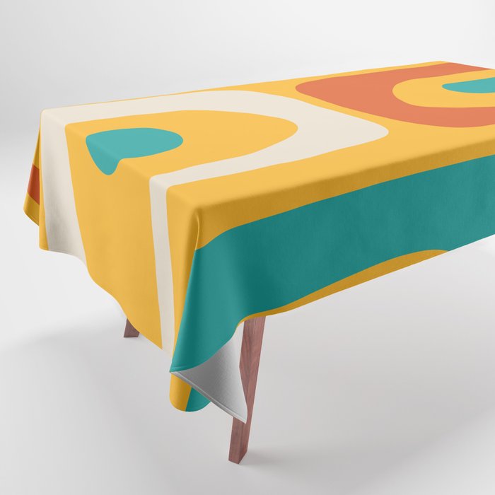 Mid Century Modern Piquet Abstract Minimalist Pattern Orange Yellow Teal Tablecloth Gallery Image 1