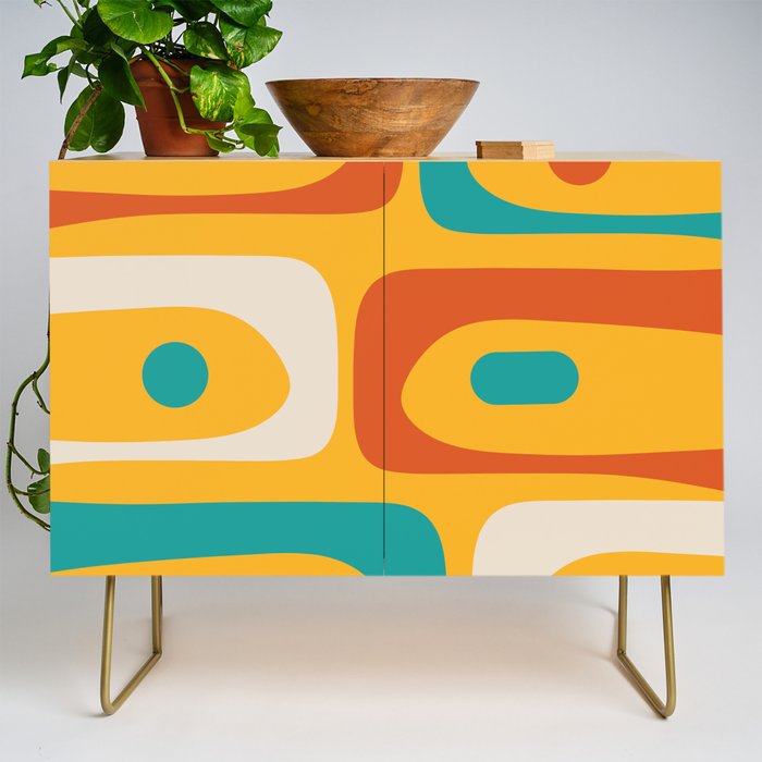 Mid Century Modern Piquet Abstract Minimalist Pattern Orange Yellow Teal Credenza Gallery Image 1