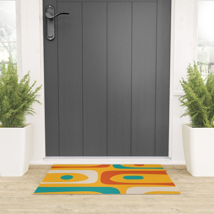 Mid Century Modern Piquet Abstract Minimalist Pattern Orange Yellow Teal Welcome Mat Gallery Image 3