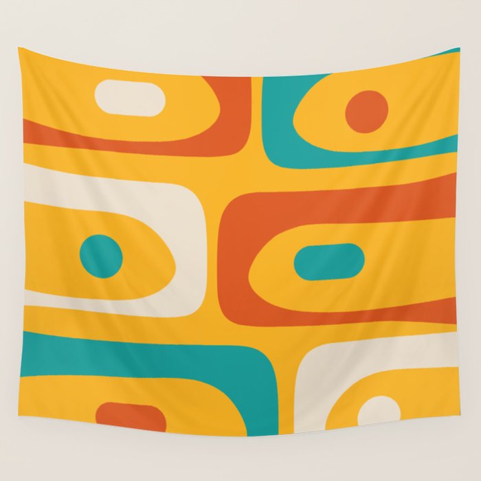 Mid Century Modern Piquet Abstract Minimalist Pattern Orange Yellow Teal Wall Tapestry Gallery Image 4
