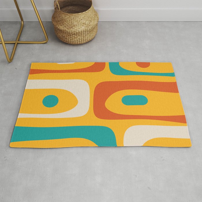 Mid Century Modern Piquet Abstract Minimalist Pattern Orange Yellow Teal Rug Gallery Image 1