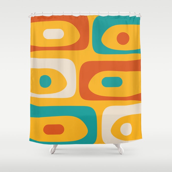 Mid Century Modern Piquet Abstract Minimalist Pattern Orange Yellow Teal Shower Curtain Gallery Image 1
