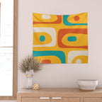 Mid Century Modern Piquet Abstract Minimalist Pattern Orange Yellow Teal Wall Tapestry Gallery Image 2