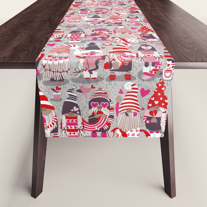 I gnome you more // grey background red and pink Valentine's Day gnomes and motifs Table Runner Gallery Image 1