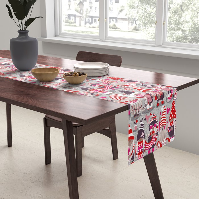 I gnome you more // grey background red and pink Valentine's Day gnomes and motifs Table Runner Gallery Image 2