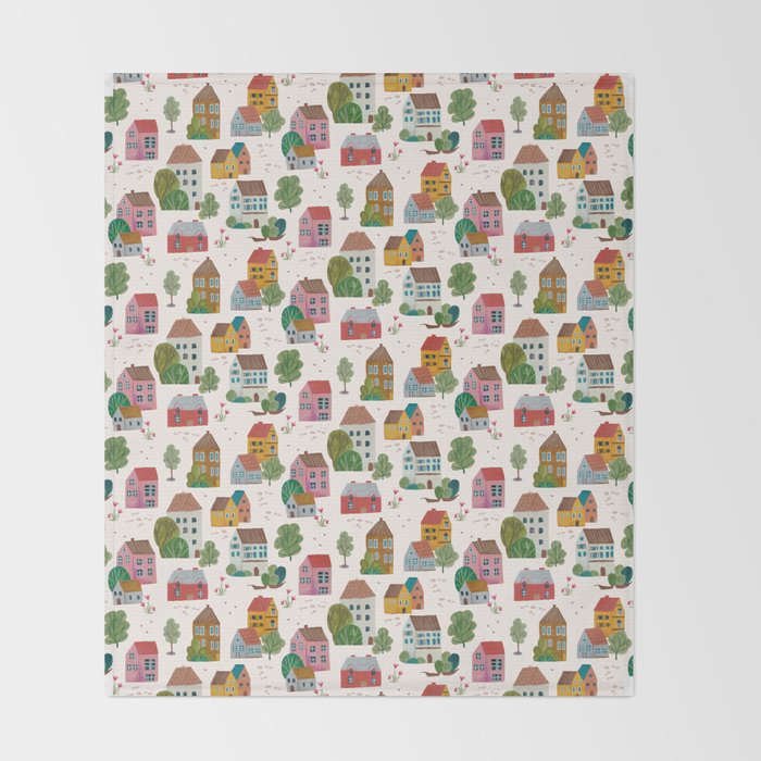 Cozy Village House Pattern Throw Blanket Gallery Image 2