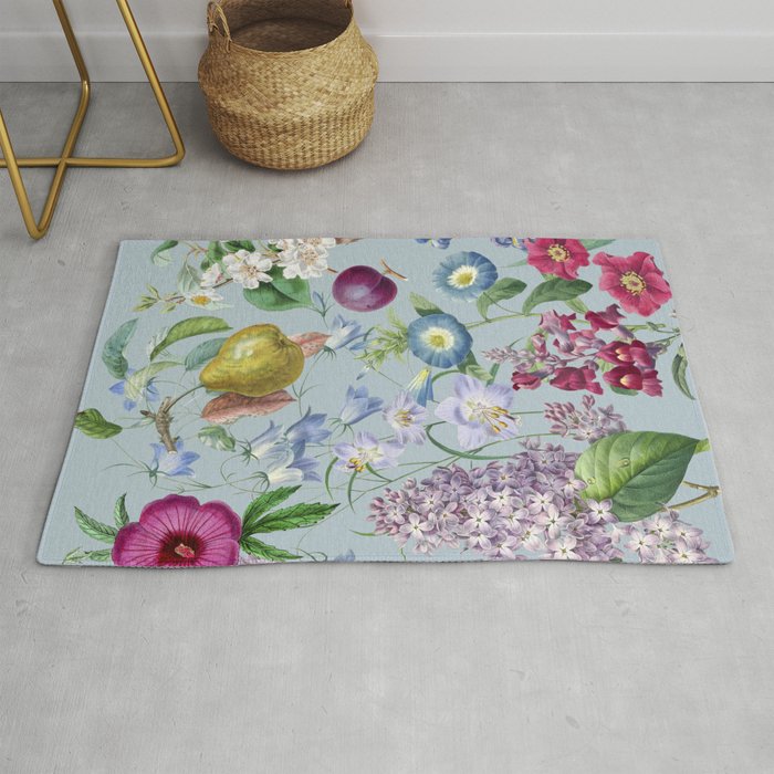Summer Fruits Botanical Illustration Collage In Blue  Rug Gallery Image 1