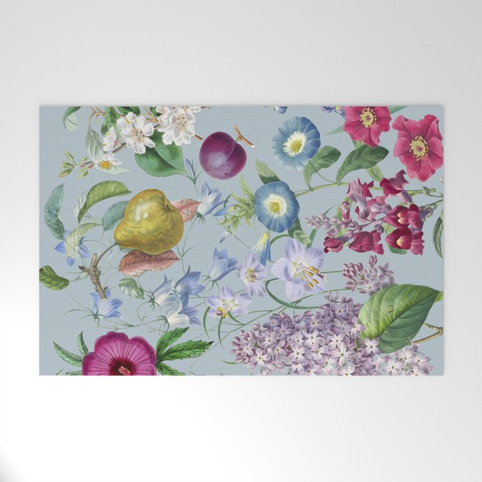 Summer Fruits Botanical Illustration Collage In Blue  Welcome Mat Gallery Image 1