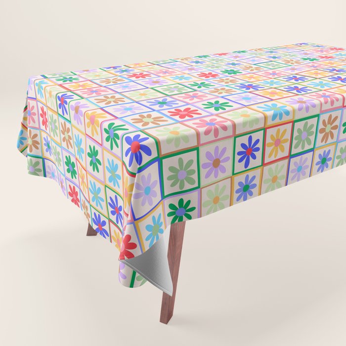 Cute Checkered Flowers in Beige  Tablecloth Gallery Image 1