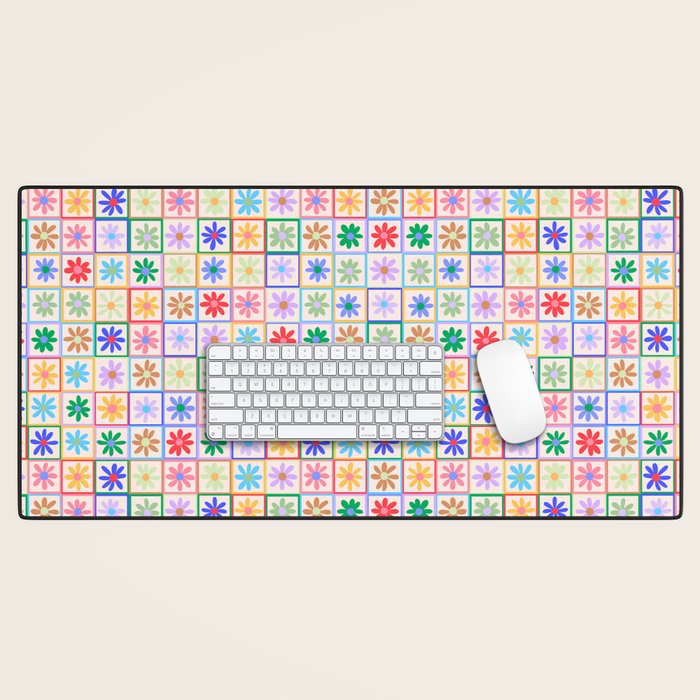 Cute Checkered Flowers in Beige  Desk Mat Gallery Image 1
