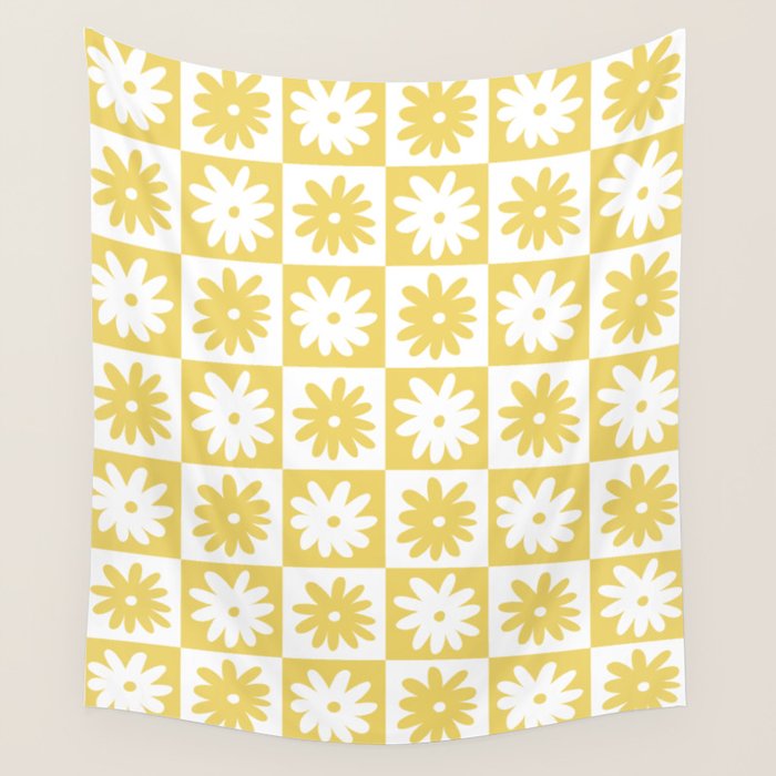 Yellow And White Checkered Flower Pattern Wall Tapestry Gallery Image 4