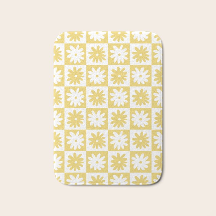 Yellow And White Checkered Flower Pattern Bath Mat Gallery Image 1