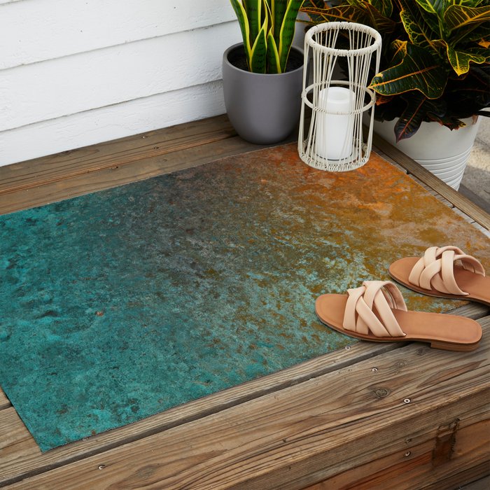 Teal and Copper Rust in Vintage Aesthetic Grunge Outdoor Rug Gallery Image 2