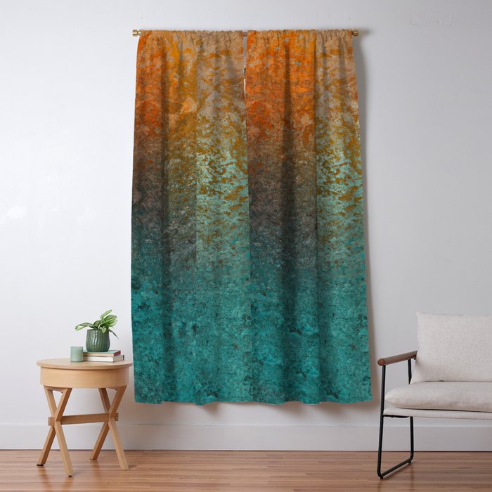Teal and Copper Rust in Vintage Aesthetic Grunge Window Curtain Gallery Image 1