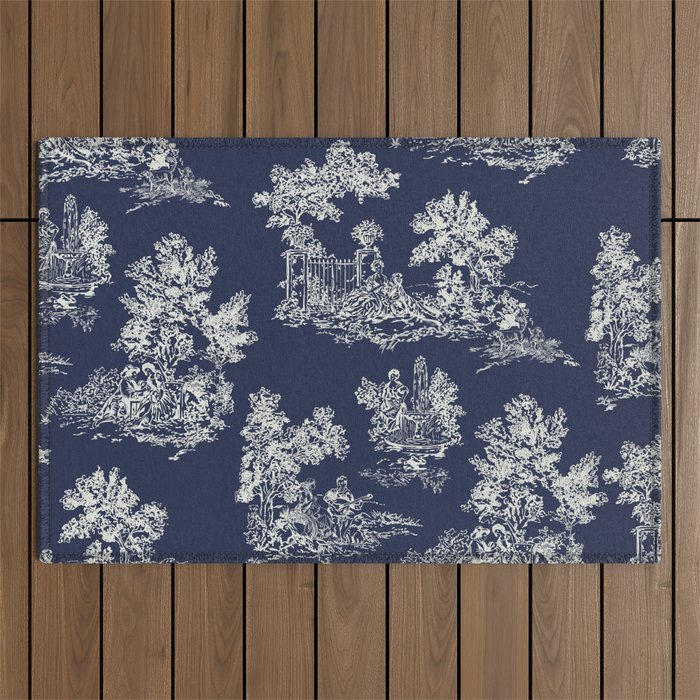 Toile de Jouy Vintage French Navy Blue & White Outdoor Rug Gallery Image 1