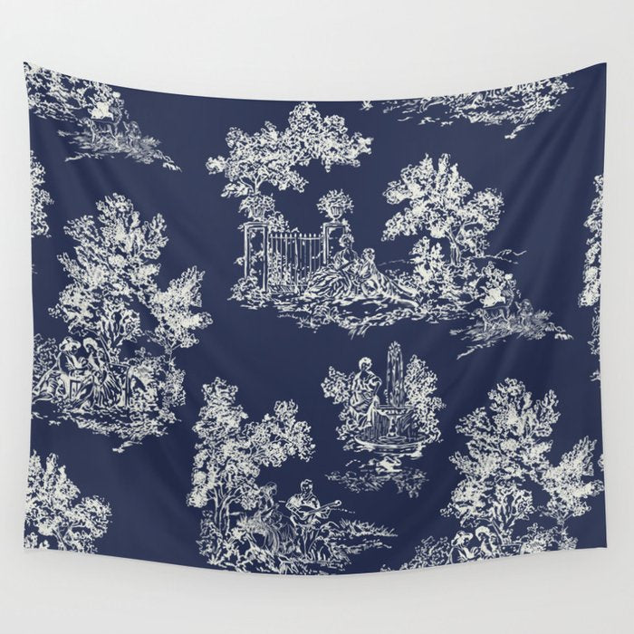 Toile de Jouy Vintage French Navy Blue & White Wall Tapestry Gallery Image 4