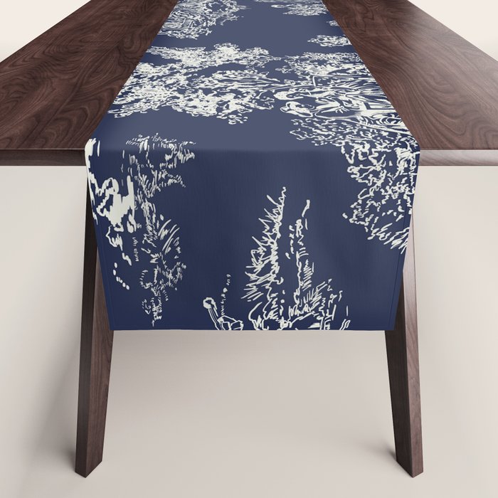 Toile de Jouy Vintage French Navy Blue & White Table Runner Gallery Image 1