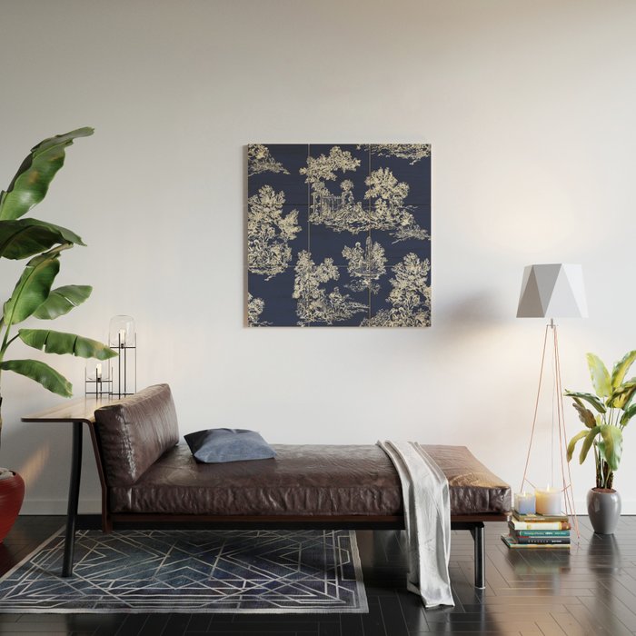 Toile de Jouy Vintage French Navy Blue & White Wood Wall Art Gallery Image 2