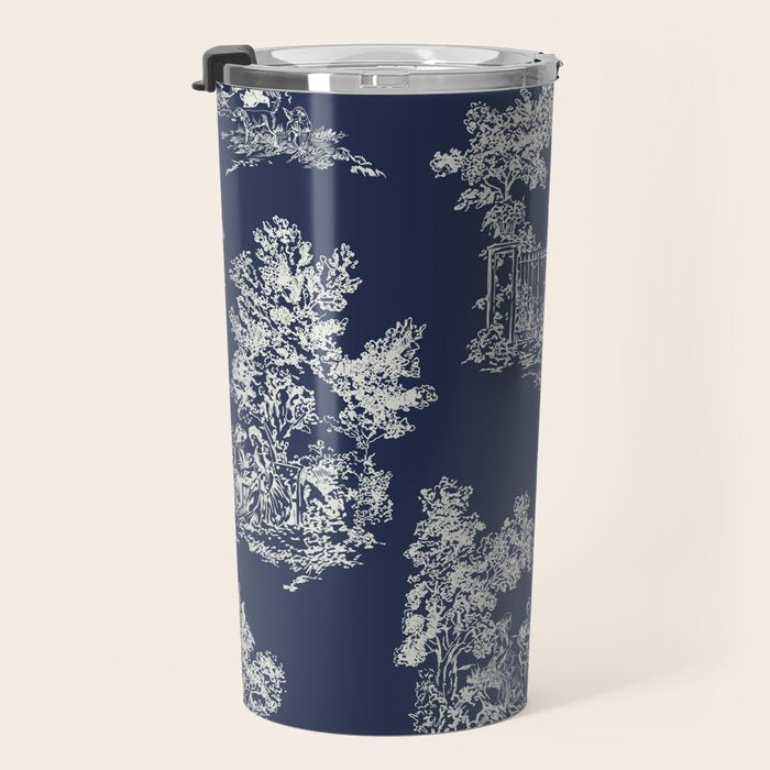 Toile de Jouy Vintage French Navy Blue & White Travel Mug Gallery Image 3