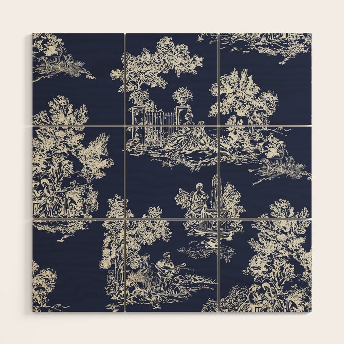 Toile de Jouy Vintage French Navy Blue & White Wood Wall Art Gallery Image 1