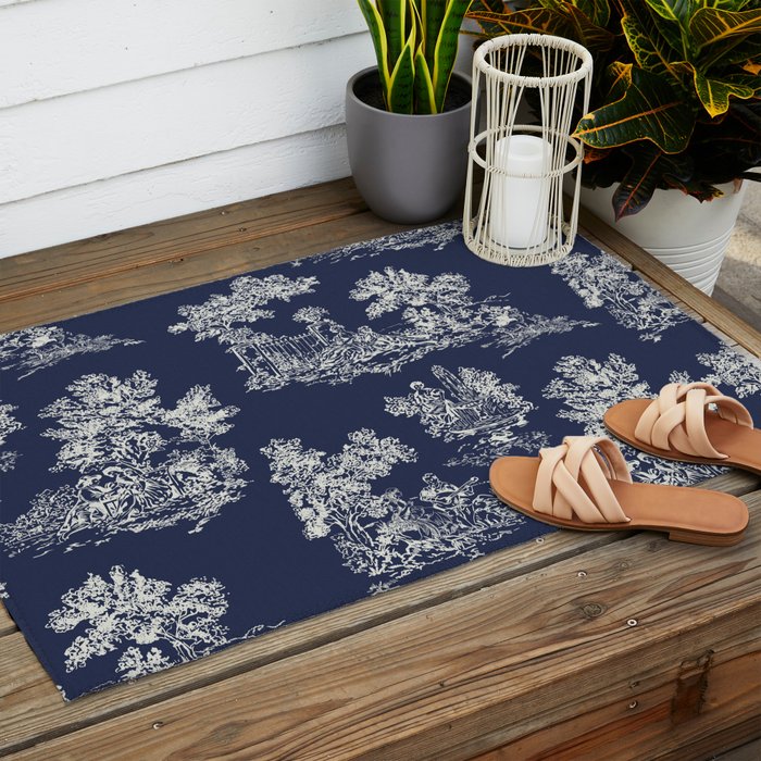 Toile de Jouy Vintage French Navy Blue & White Outdoor Rug Gallery Image 2