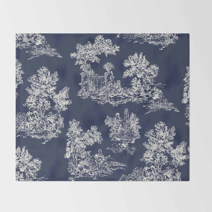 Toile de Jouy Vintage French Navy Blue & White Throw Blanket Gallery Image 2