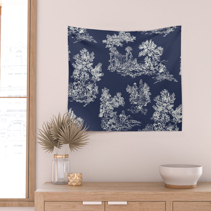 Toile de Jouy Vintage French Navy Blue & White Wall Tapestry Gallery Image 2