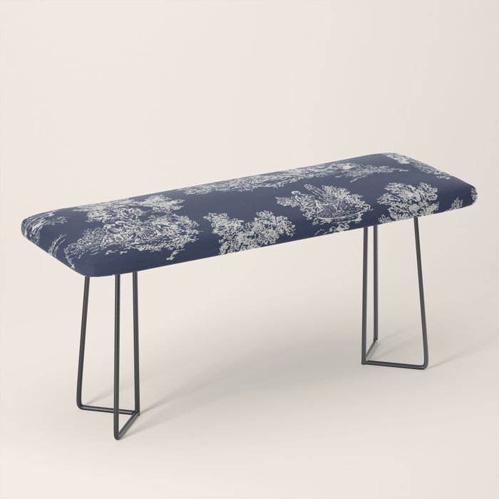 Toile de Jouy Vintage French Navy Blue & White Bench Gallery Image 1