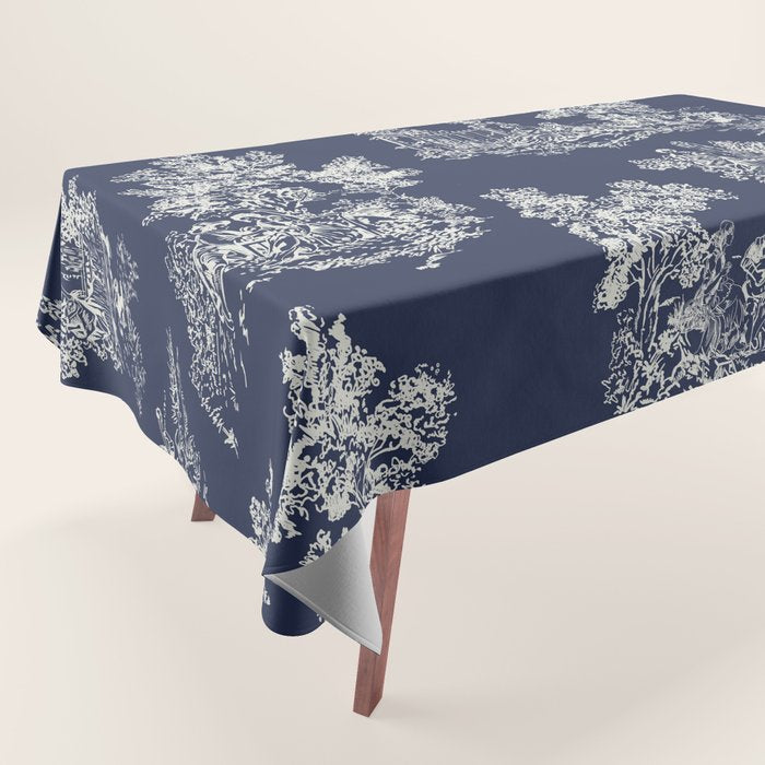 Toile de Jouy Vintage French Navy Blue & White Tablecloth Gallery Image 1