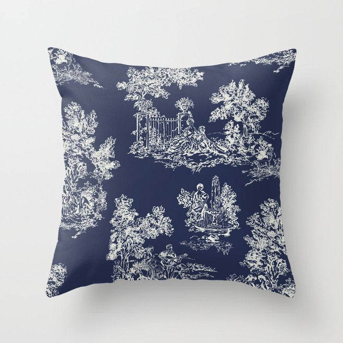 Toile de Jouy Vintage French Navy Blue & White Throw Pillow Gallery Image 1