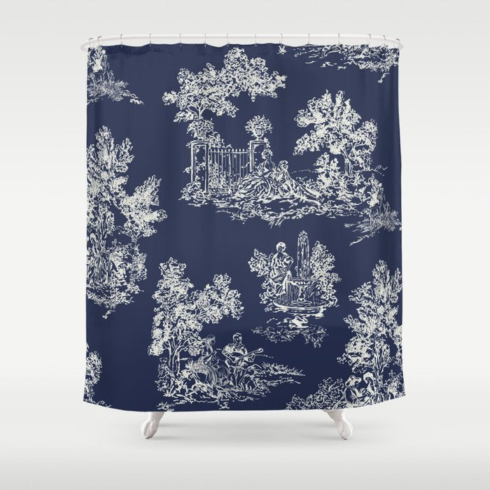 Toile de Jouy Vintage French Navy Blue & White Shower Curtain Gallery Image 1