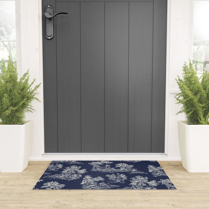 Toile de Jouy Vintage French Navy Blue & White Welcome Mat Gallery Image 3