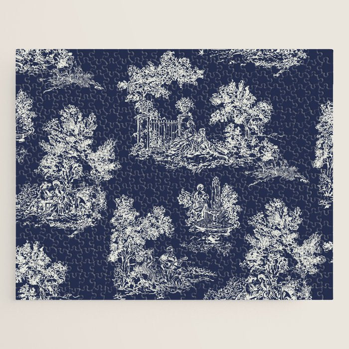 Toile de Jouy Vintage French Navy Blue & White Jigsaw Puzzle Gallery Image 1
