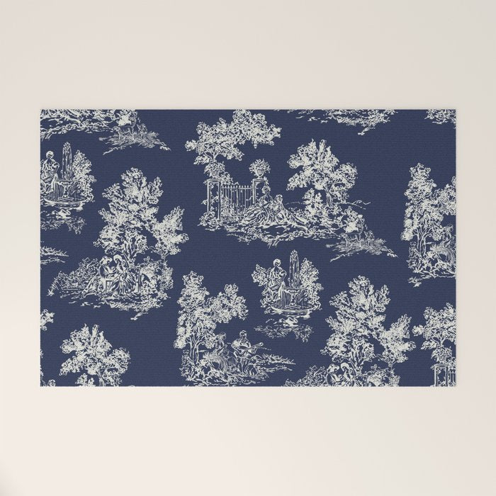 Toile de Jouy Vintage French Navy Blue & White Welcome Mat Gallery Image 1