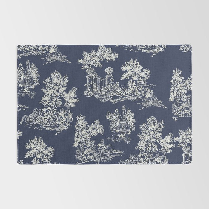 Toile de Jouy Vintage French Navy Blue & White Rug Gallery Image 2