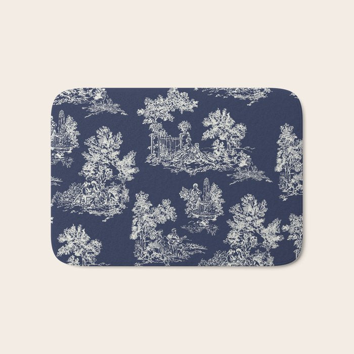 Toile de Jouy Vintage French Navy Blue & White Bath Mat Gallery Image 1