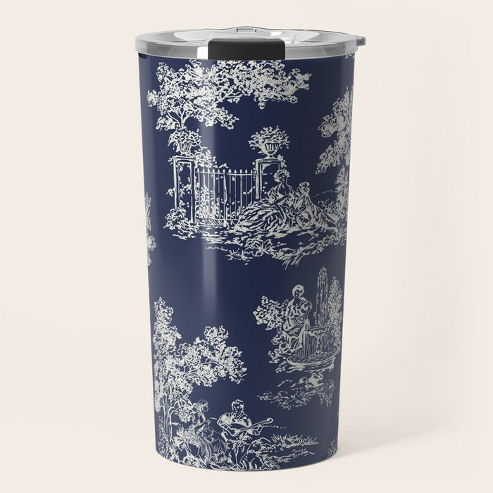 Toile de Jouy Vintage French Navy Blue & White Travel Mug Gallery Image 1